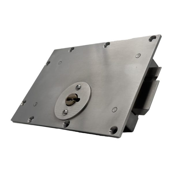 This image depicts a WLS-1770 Stainless Steel Mechanical Automatic Deadlatch Lock standing horizontally with plating