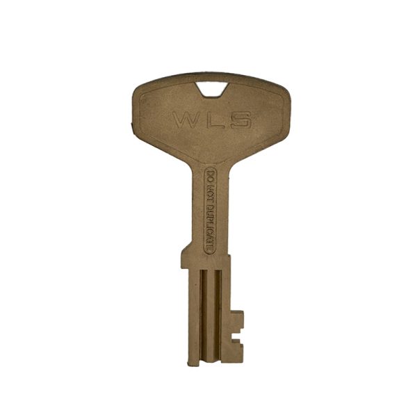 This image depicts a hardened bronze Willoughby Locking Systems paracentric key