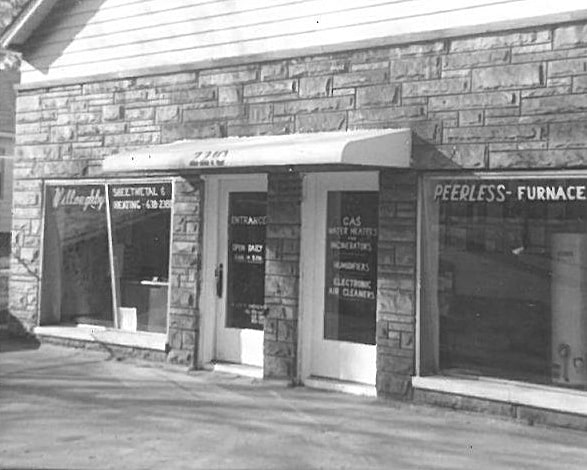 This image depicts the original storefront for Willoughby Industries in black and white.