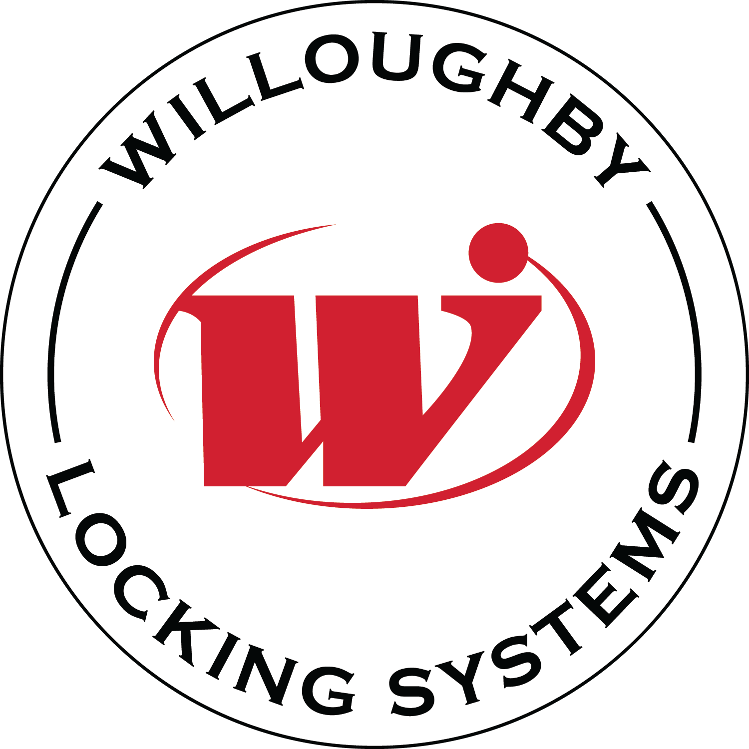 The Willoughby Locking Systems Logo is circular, with the word "Willoughby" at the top and "Locking Systems" at the bottom curved around the circle. There are lines that are disconnected from the words that complete the circle. In the center is the Willoughby Logo, which is a red letter W and I combined, with red lines around it in an oval.
